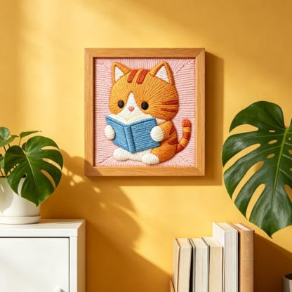 INFUNLY Cat Reading Punch Needle Kit for Beginners Book Cat Punch Needle Embroidery Kits for Adults DIY Punch-Stitching Kit with Instruction Threader Needles Square Frame for Wall Decor 9.4''x9.4'' - Image 6
