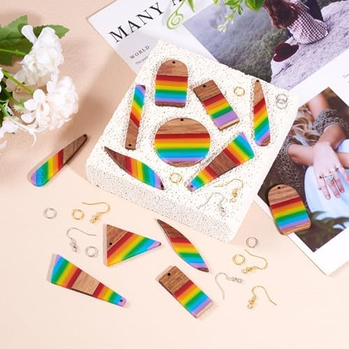 Elecrelive 8 Pairs Stripe Wood Earring Pendants Resin Wood Charms with Ear Hooks Triangle Rectangle Leaf Dangle Earring Making Starter Kit for Jewelry Craft Making - Image 7