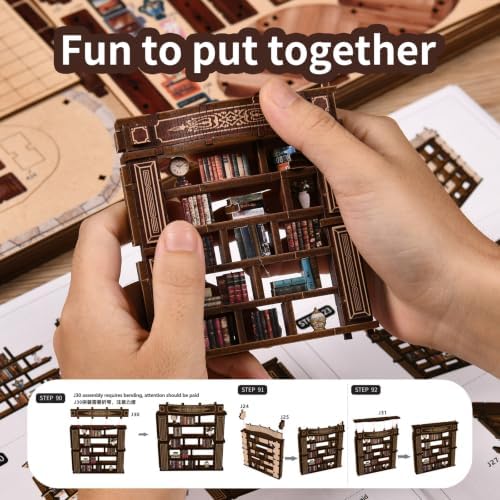 fifijoy DIY Miniature Dollhouse Kit - DIY Miniature House Kit with LED Lights, 3D Wooden Puzzle Library Bookshelf Decor for Adults, Creative Gift for Family, Friends (Dreamy Book Hall) - Image 6