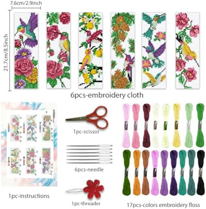 BEUNITONE 6 Pcs Cross Stitch Bookmark Kit for Beginner Vintage Flower Hand Embroidery Kit with Instruction Hummingbird Stamped Embroidery Bookmarks Handmade for DIY Crafts Book Lovers 8.5''x3'' - Image 2