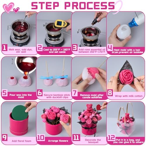 Rose Candle Making Kit with Round Gift Box,DIY Soy Wax Kit(Rose red) - Image 3