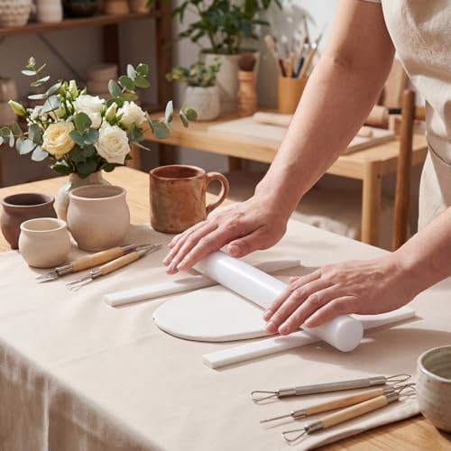 Fiwochic 12 Pcs Acrylic Pottery Tools Set Includes 1 Acrylic Clay Rolling Pin Sculpting Polymer Clay Tools 1 Stain Resistant Tablecloth and 10 Pcs 5 Size Teaching Rolling Mud Stick Guide(White) - Image 4