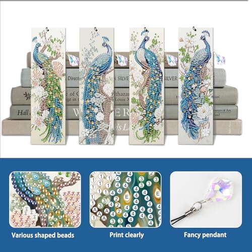 MVVMTOP 4pcs Diamond Painting Bookmark with Crystal Pendant, DIY Peacock, Special Shape Crystal Craft Partial Drill, 5D Diamond Art Handmade Bookmark, Reading Accessories and Gift for Book Lovers - Image 4