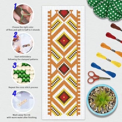 BEUNITONE 6 Pcs Vintage Cross Stitch Bookmark Kits for Beginner with Backing Felt Floss Instructions, Handmade Bookmarks DIY Stamped Craft Embroidery Kits for Adults, Book Lovers 8.5''x3'' - Image 4