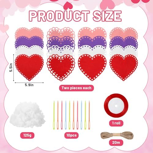 Soulchen 16 Sets Valentines Day Hearts Felt Craft Kits Large 5.9 Inch Felt Heart Hanging Ornament with Filling Cotton Rope for DIY Crafts Wall Decorations Valentine's Day Wedding DIY Craft Supplies - Image 2