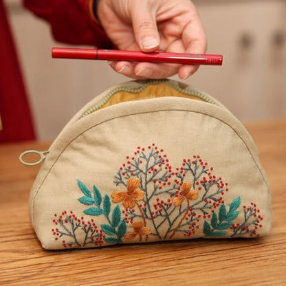 FONNUY Embroidery Kit Makeup Bag for Beginners, Flowers Pre-Stamped Pattern Handbag Coin Purses Making Kits for Adults with Hoop, Easy to Follow Color Thread Needlework (Beige) - Image 2