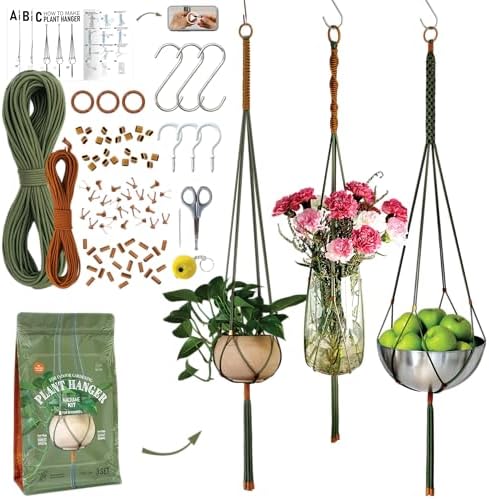 Macrame Kits for Beginners, 3 Set of Plant Hangers DIY Kit: Braided Polyester Ropes 50yds*5mm Forest Green, 20yds*2mm Burnt Orange, 60+Pcs Supplies with Step-by-Step Easy Instructions (GROR) by LETBE
