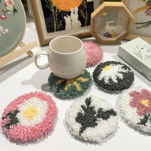 Avtytsda 6PCS Punch Needle Coaster Kit,Easy Punch Needle DIY Embroidery Set with Tools, Yarns, Hoop, Instructions Easy for Beginners, Kids, Adults, Handmade Gift and Decoration (Flower) - Image 3