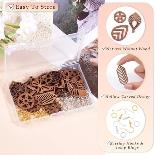 Elecrelive 11 Pairs Wooden Dangle Earring Kits Leaf Rhombus Butterfly Gear Wood Earring Pendants Natural Wooden Charms with Earring Hooks for Jewelry Craft Making - Image 2