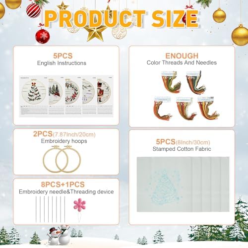 5 Sets Christmas Embroidery Kit for Beginners Adults Embroidery Starter Kit Pine Tree Nutcracker Patterns Winter Xmas Embroiderys Needlepoint Kits Includes Instruction 2 Hoops Color Threads Needles - Image 2