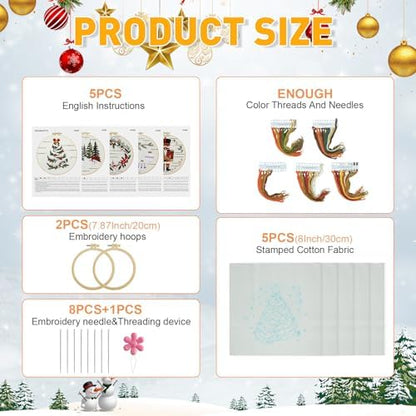 5 Sets Christmas Embroidery Kit for Beginners Adults Embroidery Starter Kit Pine Tree Nutcracker Patterns Winter Xmas Embroiderys Needlepoint Kits Includes Instruction 2 Hoops Color Threads Needles - Image 2