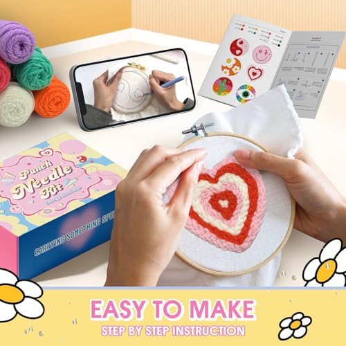 yuegool 6PCS Energy Punch Needle Coasters Kit,Easy DIY Punch Needle Embroidery Kit for Beginners Adults Kids Including Patterns, Tools, Yarns, Hoop, Instruction, Coaster Holder Art Craft Supplies - Image 4