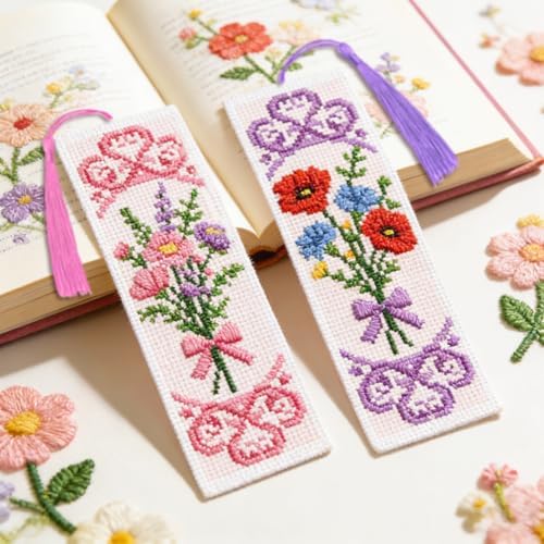 INFUNLY 6 Pcs Bouquet Stamped Cross Stitch Bookmark Kit with Tassels, Pre-Printed Water Soluble Grid for Adults Beginners, DIY Embroidery Set with Tools, Gift for Book Lovers - Image 5