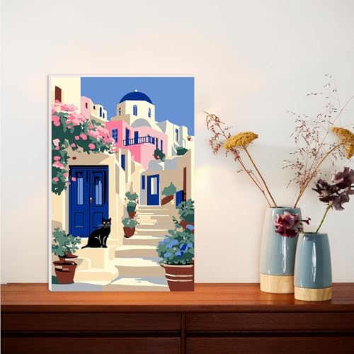 Lxmsja Greek Village Paint by Numbers Kit for Adults, Black Cat Acrylic Paint by Numbers for Adults Beginner, DIY Craft Supplies Oil Painting Kits for Home Wall Decor 8x12 inch (Framed) - Image 2