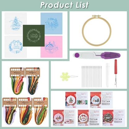 ERKOON 5 Sets Embroidery Kit for Beginners, Christmas Cross Stitch Set with Easy Pattern Embroidery Cloth Hoops Threads for Craft Lover Hand Stitch - Image 2