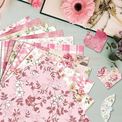 Pink Scrapbook Pattern Paper Pink Flower Junk Journal Papers Pad 12×12,24 Sheets Double-Sided Bobo Floral Scrapbooking CardStock Paper Pad for Holiday Cardmaking DIY Papers. - Image 5