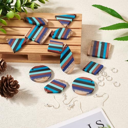 FASHEWELRY Striped Resin Wood Earrings Charms Cyan Rhombus Teardrop Flat Round Wooden Earring Blanks Earring Findings Wooden Earring Pieces for Jewelry Making, 52pcs/box - Image 2