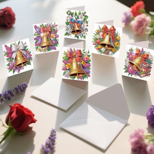 jinglinhh 6pcs Christmas Bell Lavender Tulip Flower Diamond Art Painting Greeting Cards with Envelopes, DIY Card Making Kits for Adults, Diamond Art Postcards Christmas Cards Craft Gifts - Image 6