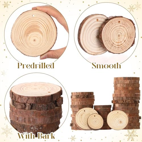Gerrii 120 Pcs Natural Wooden Slices 2-4 Inch Wooden Christmas Ornament Embellishments Craft with Bows Beads Bells DIY Creative Handmade for Christmas Ornaments Holiday Hanging Decorations - Image 3