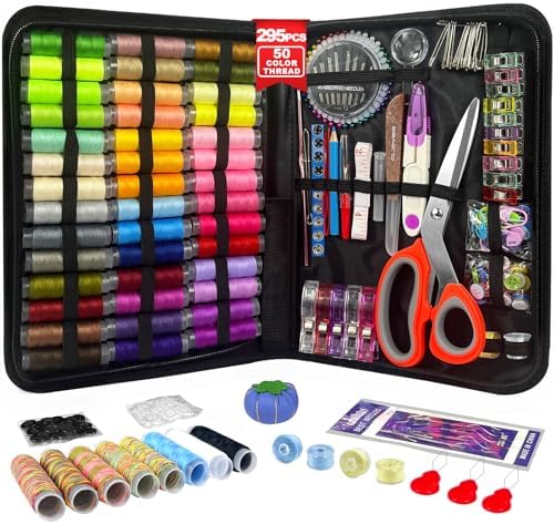 HYHJMISTY Sewing Kit for Adults, 50 Color Sewing Thread Kit, 295PCS Sewing Accessories with Ergonomic Scissors, Portable Professional Mending Essentials for Travel, Home, Beginners by HYHJMISTY