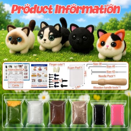Voduynl Beginner Needle Felting Kit - 4 Cats and Dogs Pairs - Includes Wool, Tools, Step-by-Step Video, Safety Guide & Instruction Cards, Ideal Starter Set for Adults & DIY Beginners - Image 2