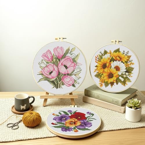 TCDZMYGS 3 Pack Flower Cross Stitch Kits for Beginners,with Hoop 8x8in - Image 2