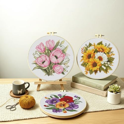 TCDZMYGS 3 Pack Flower Cross Stitch Kits for Beginners,with Hoop 8x8in - Image 2