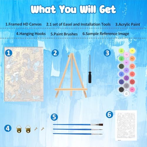 MAXBYE Framed Paint by Numbers Kits for Adults Beginners with Wooden Easel, Sunflower Crafts Art Kit with Frame, DIY Butterfly Canvas by Numbers for Gift Home Wall Decor 10×14 in - Image 6