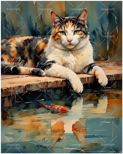 Cute Calico Cat Paint by Numbers Kit for Adults - DIY Relaxed Calico Cat by Water with Koi Fish Painting on Canvas 16x20In, Framed Acrylic Paint Set for Beginners, Art for Home Decoration/Gifts by Unknown