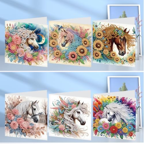 jinglinhh 6pcs Flower Horse Rose Sunflower Diamond Art Painting Greeting Cards with Envelopes, DIY Card Making Kits for Adults, Diamond Art Postcards Holiday Cards Craft Gifts - Image 5