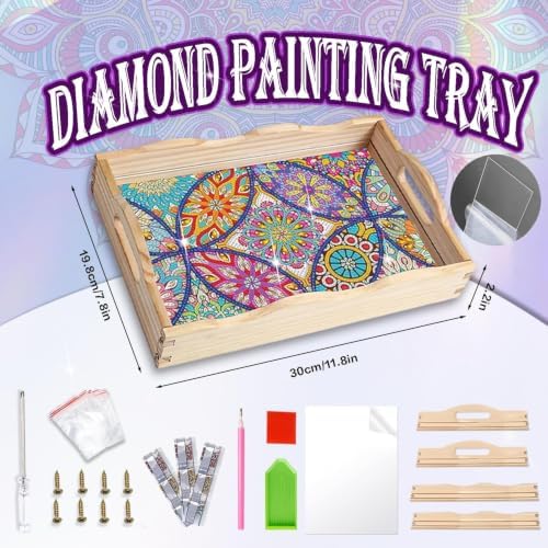EWJRNSF Diamond Art Kits for Adults Wooden Serving Trays with Handles, 5D Diamond Painting Big Gem Arts and Craft Gifts Trays Decor Gift Home Decor 7.8x11.8 Inches Mandala A - Image 2