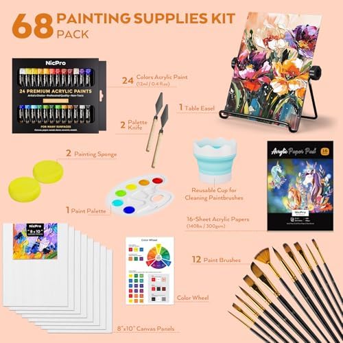 Nicpro 68PCS Acrylic Paint Canvas Set for Adults with 24 Paint for Beginner - Image 2