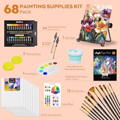 Nicpro 68PCS Acrylic Paint Canvas Set for Adults with 24 Paint for Beginner - Image 2