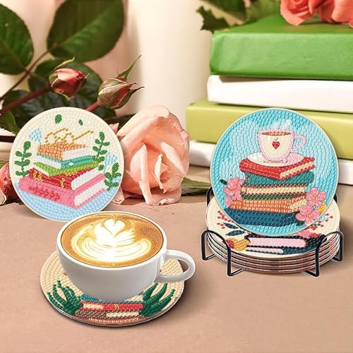 8 Pcs Book Diamond Art Coasters Kit for Adults, Book Lovers Wooden Coffee Diamond Painting Coasters with Holder, 5D Gem Art Dots Painting Coaster with Cork Pads - Crafts Supplies for Home Decor - Image 5