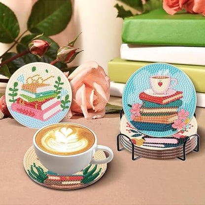 8 Pcs Book Diamond Art Coasters Kit for Adults, Book Lovers Wooden Coffee Diamond Painting Coasters with Holder, 5D Gem Art Dots Painting Coaster with Cork Pads - Crafts Supplies for Home Decor - Image 5