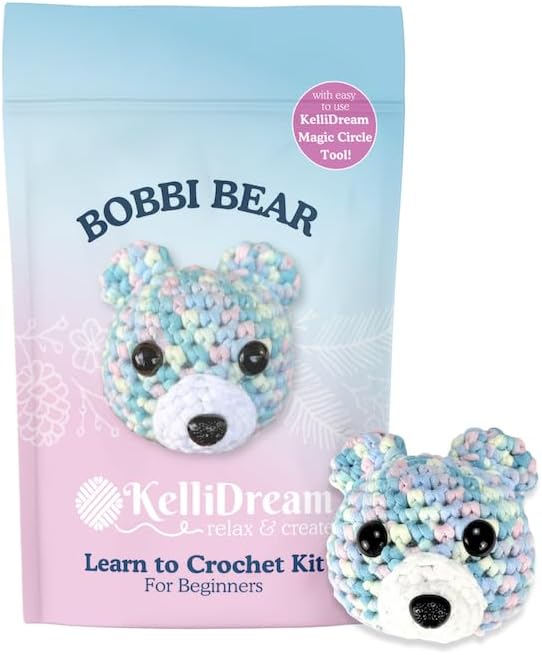 KelliDream Magic Circle Tool Inclusive Learn to Crochet Kit for Beginners; Step-by-Step Video Tutorials; All Supplies to Make Cute Amigurumi (Bear)