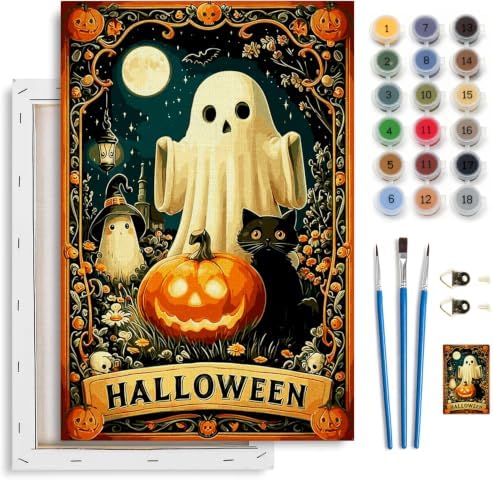 Spandrel Cute Halloween Ghost Paint by Number Kits for Adults, Black Cat Paint by Number Kits on Canvas, DIY Acrylic Oil Halloween Painting by Numbers Gitfs for Home Wall Decor, 8x12in by Unknown