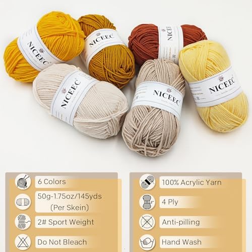 NICEEC 300g Soft Assorted Colors Yarn 100% Acrylic 870yds -Yellow Series - Image 4