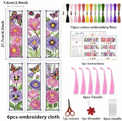 ACRNIGHEET 6PCS Cross Stitch Bookmark Kit for Beginner Stamped Cross Stitch Kits for Adults Floral DIY Tassel Embroidery Bookmark Kits Needlepoint Kit with Instructions Craft Gift 8.5''x3'' 11CT - Image 2