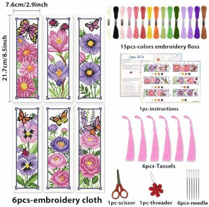 ACRNIGHEET 6PCS Cross Stitch Bookmark Kit for Beginner Stamped Cross Stitch Kits for Adults Floral DIY Tassel Embroidery Bookmark Kits Needlepoint Kit with Instructions Craft Gift 8.5''x3'' 11CT - Image 2