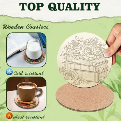 26PCS Wood Coasters Craft Kit 10 Paint You Own Coaster with 16 Pens Wooden Coaster Painting Set Coasters for Drinks Book and Flower Painting Crafts Art Supplies (Book and Flower) - Image 3