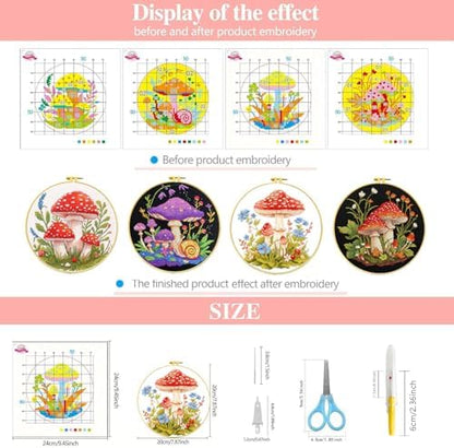 Zhenqing 4 Mushroom Cross Stitch Kit, 11CT Printed Fabric with Hoop - Image 4