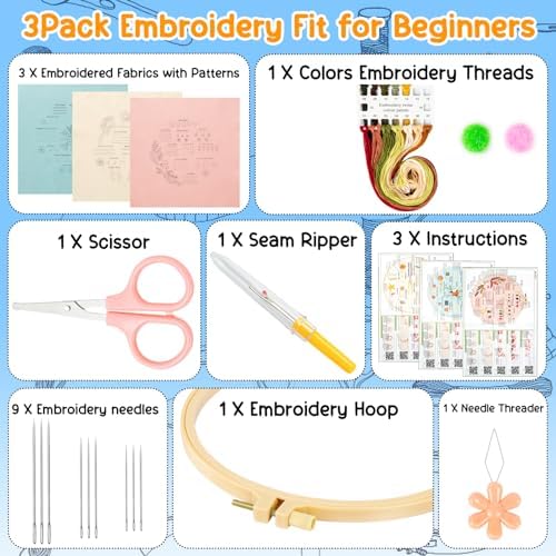 Ponpon 3 Sets Embroidery Kit for Beginners, Embroidery Kit for Adults with Follow Instruction, Cross Stitch Kits with Wooden Embroidery Hoops (Stlye B) - Image 2