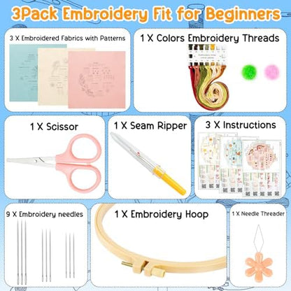 Ponpon 3 Sets Embroidery Kit for Beginners, Embroidery Kit for Adults with Follow Instruction, Cross Stitch Kits with Wooden Embroidery Hoops (Stlye B) - Image 2