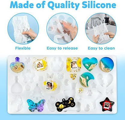 Mocoosy 182Pcs Resin Molds Silicone Kit for Keychains, 32 Cavities Silicone Molds for Epoxy Resin Casting, Variety Shaped Resin Key Chain Molds Making Set DIY Ornaments Crafts Supplies - Image 3