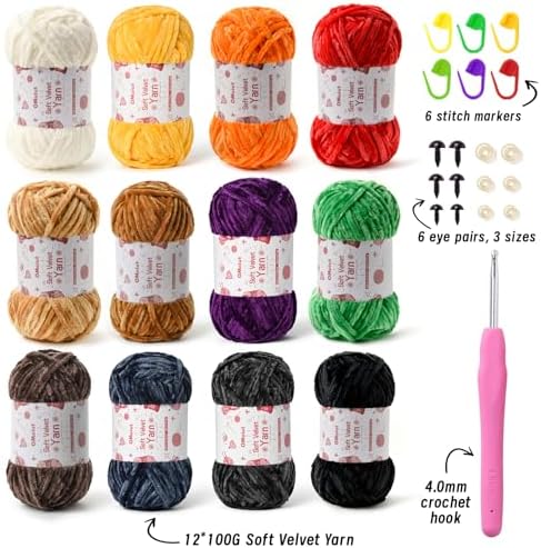 12 Pack Chenille Chunky Yarn - Baby Yarn for Crocheting Soft - Red Orange Green Blue Purple Black White Velvet Yarns Crochet Blanket - Amigurumi Yarns Pack with Crochet Accessories D - Image 2