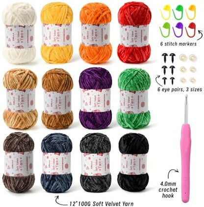 12 Pack Chenille Chunky Yarn - Baby Yarn for Crocheting Soft - Red Orange Green Blue Purple Black White Velvet Yarns Crochet Blanket - Amigurumi Yarns Pack with Crochet Accessories D - Image 2