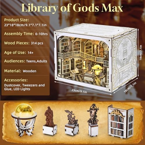  DIY Book Nook Kit, DIY Miniature Dollhouse Booknook Kit, 3D Wooden Puzzle Bookend Bookshelf Insert Decor with LED Light for Adults (Library of Gods Max) - Image 2