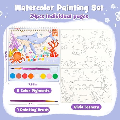 Watercolor Painting Coloring Books, Paint with Water Arts & Crafts Kit for Kids, Travel Activities Art Supplies Party Favors Exchange Birthday Gifts for Boys Girls, Spiral-Bound (Marine) - Image 7