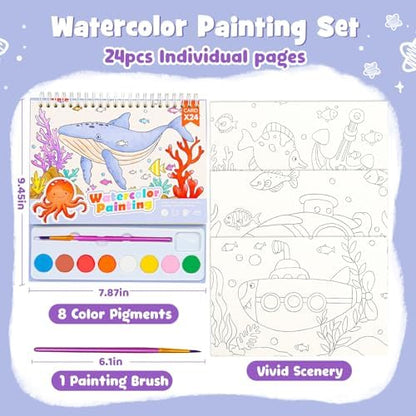 Watercolor Painting Coloring Books, Paint with Water Arts & Crafts Kit for Kids, Travel Activities Art Supplies Party Favors Exchange Birthday Gifts for Boys Girls, Spiral-Bound (Marine) - Image 7